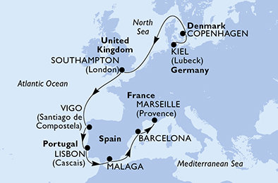 Nemecko, Dánsko, Veľká Británia, Španielsko, Portugalsko, Francúzsko z Kielu na lodi MSC Splendida