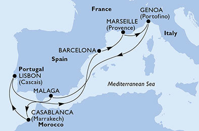 Francúzsko, Taliansko, Španielsko, Maroko, Portugalsko z Barcelony na lodi MSC Splendida