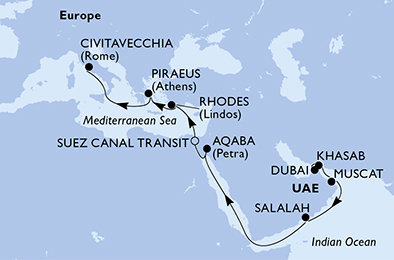 Spojené arabské emiráty, Omán, Jordánsko, Egypt, Grécko, Taliansko z Dubaja na lodi MSC Splendida