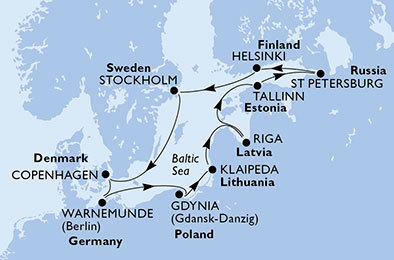 Dánsko, Nemecko, Poľsko, Litva, Lotyšsko, Estónsko, Rusko, Fínsko, Švédsko z Kodaně na lodi MSC Poesia