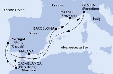 Portugalsko, Španielsko, Francúzsko, Taliansko, Maroko z Lisabonu na lodi MSC Splendida