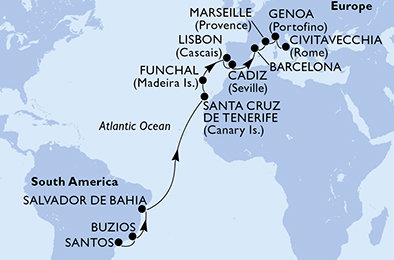Brazília, Španielsko, Portugalsko, Francúzsko, Taliansko zo Santosu na lodi MSC Fantasia
