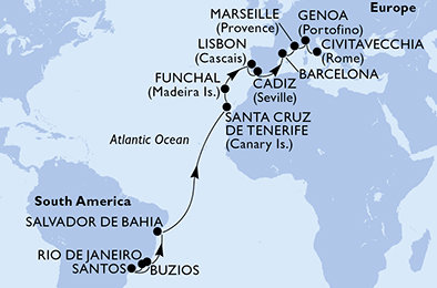 Brazília, Španielsko, Portugalsko, Francúzsko, Taliansko z Rio de Janeira na lodi MSC Fantasia