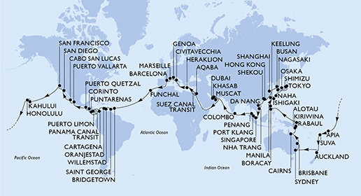 Taliansko, Francúzsko, Španielsko, Portugalsko, Barbados, Grenada, Curacao, Aruba, Kolumbia, Kostarika, Panama, Nikaragua, Guatemala, Mexiko, USA, Samoa, Fiji, Nový Zéland, Austrália, Papua Nová Guinea, Ekvádor, Filipíny, Tchaj-wan, Japonsko, Južná Kórea, Čína, Vietnam, Singapur, Malajzia, Srí Lanka, Spojené arabské emiráty, Omán, Jordánsko, Egypt, Grécko z Marseille na lodi MSC Poesia