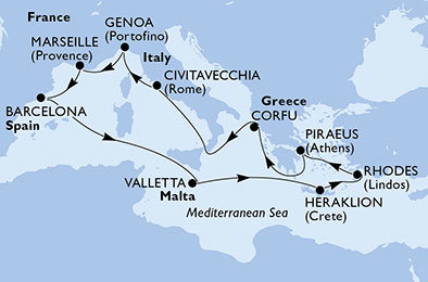 Taliansko, Francúzsko, Španielsko, Malta, Grécko z Barcelony na lodi MSC Poesia