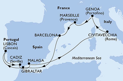 Taliansko, Francúzsko, Španielsko, Gibraltár, Portugalsko z Civitavechie na lodi MSC Poesia