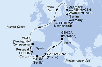 Dánsko, Nemecko, Holandsko, Španielsko, Portugalsko, Taliansko z Kodaně na lodi MSC Poesia