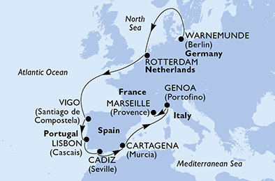 Nemecko, Holandsko, Španielsko, Portugalsko, Taliansko, Francúzsko z Warnemünde na lodi MSC Poesia