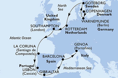 Dánsko, Nemecko, Švédsko, Holandsko, Veľká Británia, Španielsko, Portugalsko, Gibraltár, Taliansko z Kodaně na lodi MSC Poesia