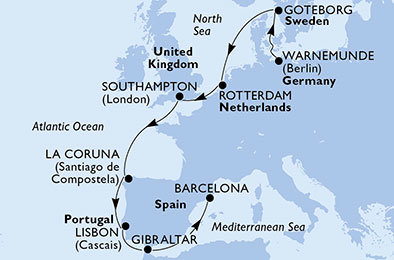 Nemecko, Švédsko, Holandsko, Veľká Británia, Španielsko, Portugalsko, Gibraltár z Warnemünde na lodi MSC Poesia