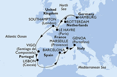Holandsko, Nemecko, Francúzsko, Veľká Británia, Španielsko, Portugalsko, Taliansko z Rotterdamu na lodi MSC Preziosa