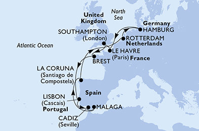 Nemecko, Francúzsko, Veľká Británia, Portugalsko, Španielsko, Holandsko z Hamburgu na lodi MSC Preziosa