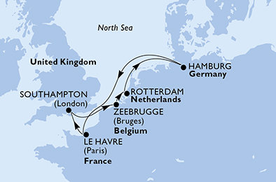 Francúzsko, Veľká Británia, Belgicko, Holandsko, Nemecko z Le Havre na lodi MSC Preziosa