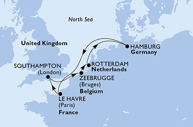 Holandsko, Nemecko, Francúzsko, Veľká Británia, Belgicko z Rotterdamu na lodi MSC Preziosa