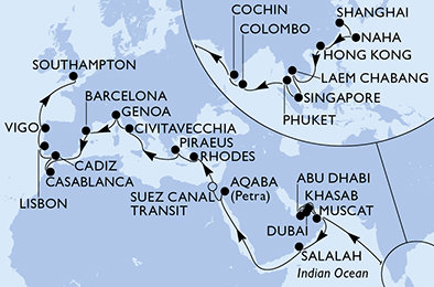 Čína, Japonsko, Thajsko, Singapur, Srí Lanka, India, Omán, Spojené arabské emiráty, Jordánsko, Egypt, Grécko, Taliansko, Španielsko, Maroko, Portugalsko, Veľká Británia zo Šanghaja na lodi MSC Splendida