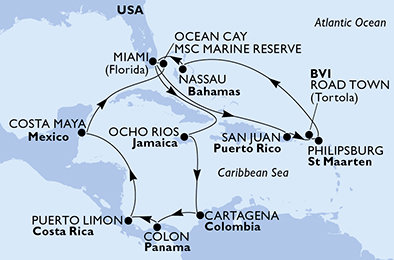 USA, Britské Panenské ostrovy, Svatý Martin, Bahamy, Jamajka, Kolumbia, Panama, Kostarika, Mexiko z Miami na lodi MSC Divina