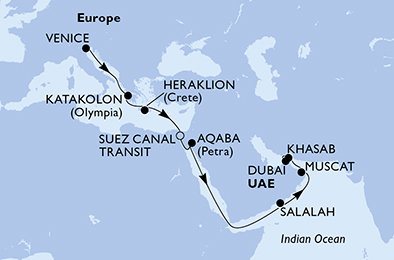 Taliansko, Grécko, Egypt, Jordánsko, Omán, Spojené arabské emiráty z Benátok na lodi MSC Lirica