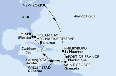 USA - Východné pobrežie, Svatý Martin, Martinik, Grenada, Curacao, Aruba, Bahamy, USA z New Yorku na lodi MSC Meraviglia