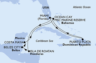 USA, Dominikánska republika, Bahamy, Honduras, Belize, Mexiko z Miami na lodi MSC Meraviglia