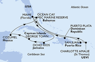 USA, Dominikánska republika, Bahamy, Jamajka, Kajmanské ostrovy, Mexiko z Miami na lodi MSC Seaside