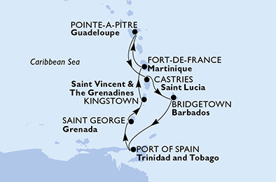 Martinik, Guadeloupe, Svätá Lucia, Barbados, Trinidad a Tobago, Grenada, Svätý Vincent a Grenadiny z Fort de France, Martinik na lodi MSC Splendida