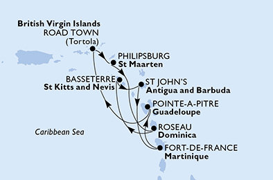Martinik, Guadeloupe, Britské Panenské ostrovy, Svatý Martin, Dominika, Svätý Krištof a Nevis, Antigua a Barbuda z Fort de France, Martinik na lodi MSC Splendida