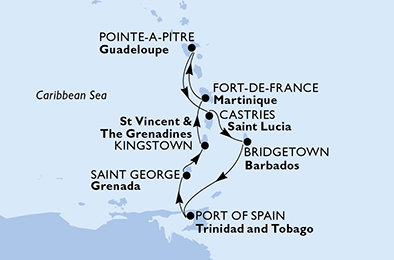 Guadeloupe, Svätá Lucia, Barbados, Trinidad a Tobago, Grenada, Svätý Vincent a Grenadiny, Martinik z Pointe-à-Pitre na lodi MSC Splendida