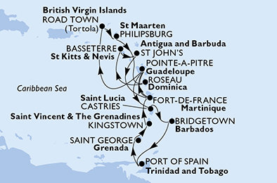 Martinik, Guadeloupe, Britské Panenské ostrovy, Svatý Martin, Dominika, Svätý Krištof a Nevis, Antigua a Barbuda, Svätá Lucia, Barbados, Trinidad a Tobago, Grenada, Svätý Vincent a Grenadiny z Fort de France, Martinik na lodi MSC Splendida