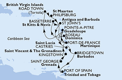 Guadeloupe, Britské Panenské ostrovy, Svatý Martin, Dominika, Svätý Krištof a Nevis, Antigua a Barbuda, Martinik, Svätá Lucia, Barbados, Trinidad a Tobago, Grenada, Svätý Vincent a Grenadiny z Pointe-à-Pitre na lodi MSC Splendida