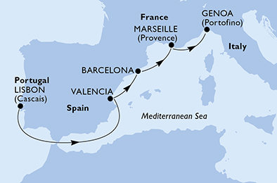Portugalsko, Španielsko, Francúzsko, Taliansko z Lisabonu na lodi MSC Bellissima