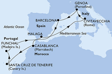 Taliansko, Španielsko, Maroko, Portugalsko z Civitavechie na lodi MSC Magnifica