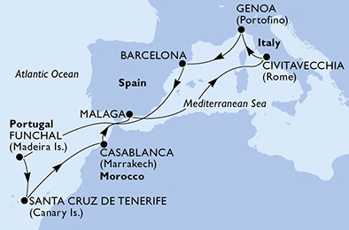 Taliansko, Španielsko, Portugalsko, Maroko z Civitavechie na lodi MSC Magnifica