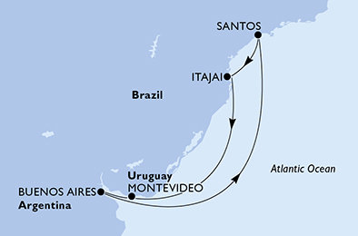 Brazília, Uruguaj, Argentína zo Santosu na lodi MSC Sinfonia