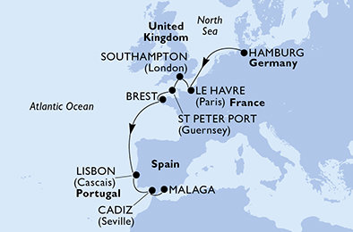 Nemecko, Francúzsko, Veľká Británia, Korunní závislé území Velké Británie, Portugalsko, Španielsko z Hamburgu na lodi MSC Preziosa