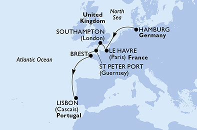 Nemecko, Francúzsko, Veľká Británia, Korunní závislé území Velké Británie, Portugalsko z Hamburgu na lodi MSC Preziosa