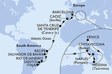 Taliansko, Španielsko, Brazília z Benátok na lodi MSC Sinfonia