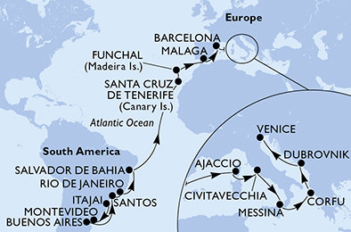 Brazília, Uruguaj, Argentína, Španielsko, Portugalsko, Francúzsko, Taliansko, Grécko, Chorvátsko na lodi MSC Sinfonia