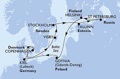 Nemecko, Dánsko, Švédsko, Estónsko, Rusko, Fínsko, Poľsko z Kielu na lodi MSC Splendida