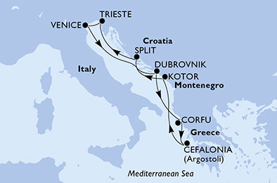 Taliansko, Chorvátsko, Grécko, Čierna Hora z Benátok na lodi MSC Lirica