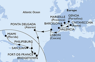 Španielsko, Francúzsko, Taliansko, Portugalsko, Barbados, Martinik, Svatý Martin, USA z Barcelony na lodi MSC Divina