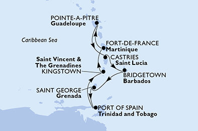 Martinik, Guadeloupe, Svätá Lucia, Barbados, Grenada, Trinidad a Tobago, Svätý Vincent a Grenadiny z Fort de France, Martinik na lodi MSC Preziosa