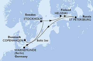 Nemecko, Švédsko, Fínsko, Rusko, Dánsko z Warnemünde na lodi MSC Poesia