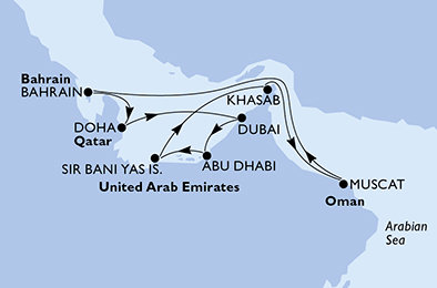 Spojené arabské emiráty, Omán, Bahrajn, Katar z Dubaja na lodi MSC Lirica