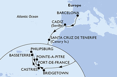 Španielsko, Barbados, Svätá Lucia, Svätý Krištof a Nevis, Svatý Martin, Martinik, Guadeloupe z Barcelony na lodi MSC Splendida