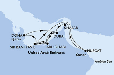 Katar, Spojené arabské emiráty, Omán z Dohy na lodi MSC Bellissima