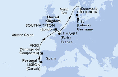 Portugalsko, Španielsko, Veľká Británia, Francúzsko, Dánsko, Nemecko z Lisabonu na lodi MSC Meraviglia