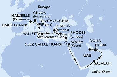 Španielsko, Francúzsko, Taliansko, Malta, Grécko, Egypt, Jordánsko, Omán, Katar, Spojené arabské emiráty z Barcelony na lodi MSC Seaview