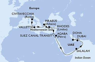 Taliansko, Malta, Grécko, Egypt, Jordánsko, Omán, Katar, Spojené arabské emiráty z Civitavechie na lodi MSC Seaview