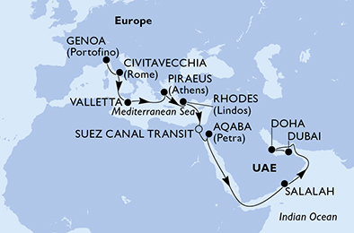 Taliansko, Malta, Grécko, Egypt, Jordánsko, Omán, Katar, Spojené arabské emiráty z Janova na lodi MSC Seaview