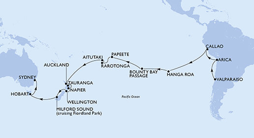 Chile, Peru, Zámořské území Velké Británie, Francouzská Polynésie, Cookovy ostrovy, Nový Zéland, Austrália z Valparaisa na lodi MSC Magnifica